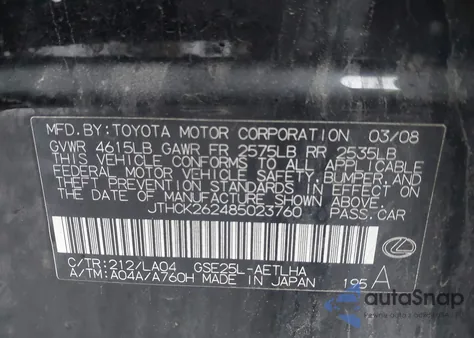 2008 Lexus Is 250 z USA, uszkodzony, nr VIN JTHCK262485023760